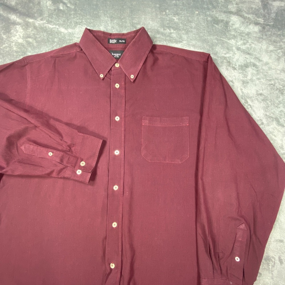 Haggar Shirt Men 2XL XXL Red Geometric Print Long Sleeve Casual Cotton Blend‎